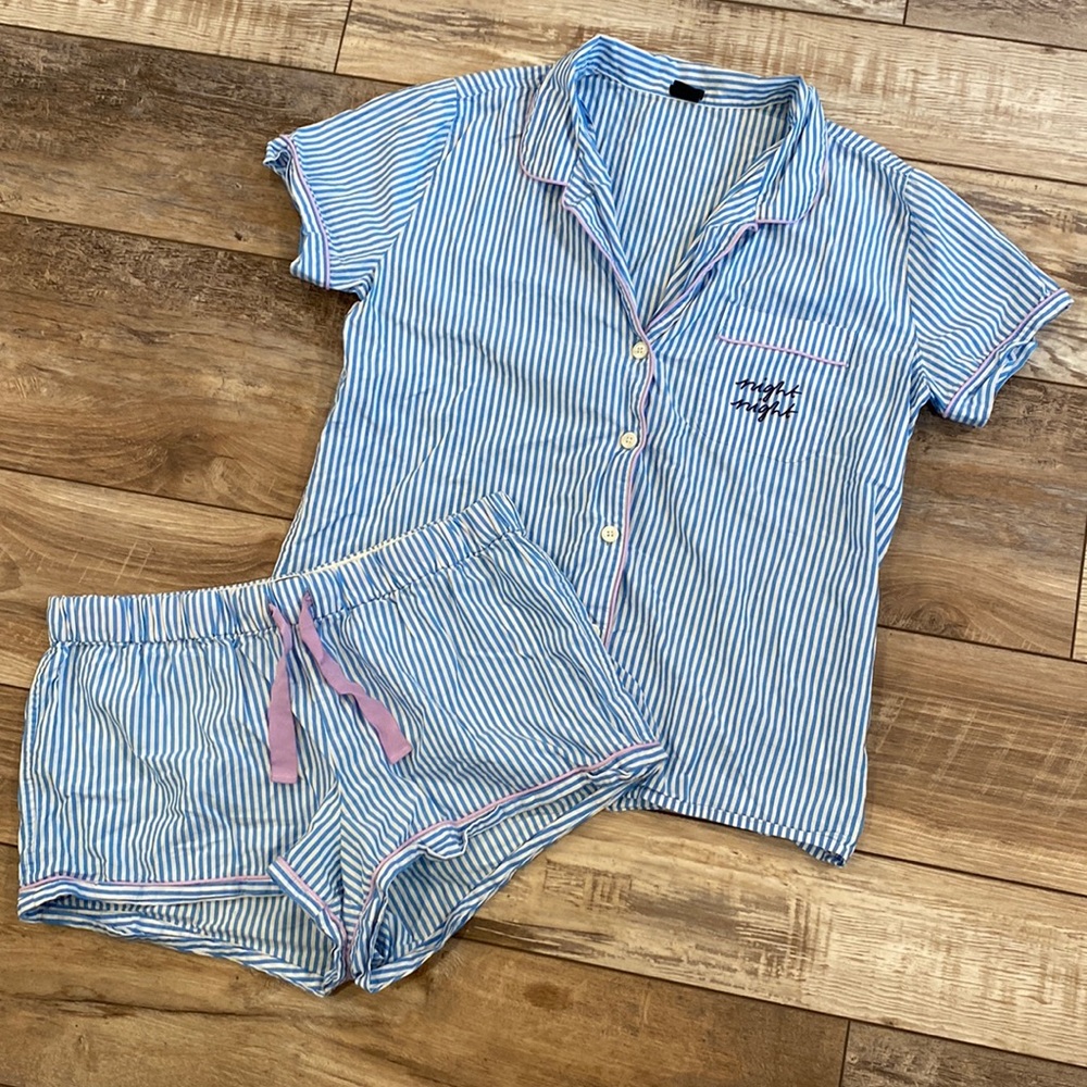 J CREW Night Night Blue White Lavender Striped Shorts Shirt Pajama Set Medium